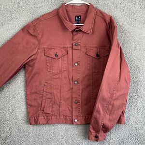 Gap Denim Jean Jacket Men XL Coral Red Button Up Flap Pocket Stretch Long Sleeve